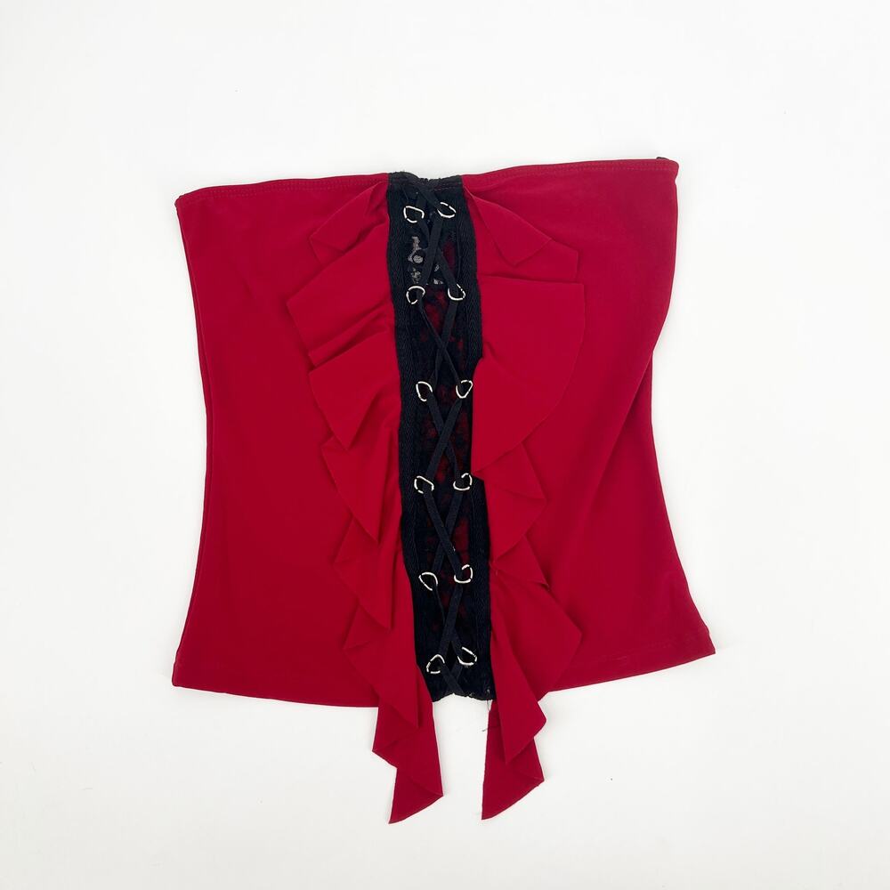 Y2k Vintage Lace Front Corset Strapless Tube Top Ruffle Red Size Small - Picture 2 of 6